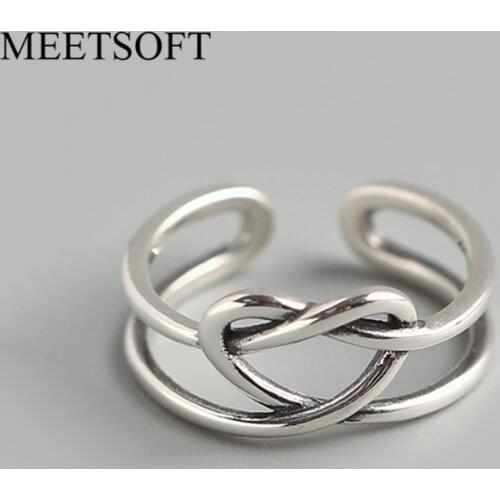 MEETSOFT Silver Plated Opening Ring For Women Simple Adjustable Retro Metal Hollow Out Heart Double Layer Jewelry Gift