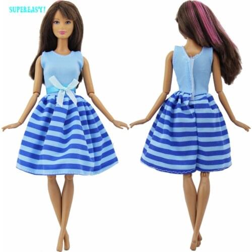 Modern Blue Dress Handmade Wedding Party Dating Dinner Dress Up Stripes Pattern Bowknot Clothes For Barbie Doll Accessories