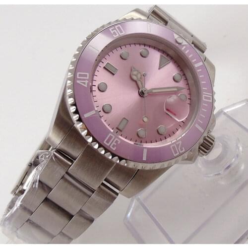 40mm Pink Dial Sapphire Glass Green Ceramic Bezel MIYOTA 8215 Automatic Movement Mens Watch