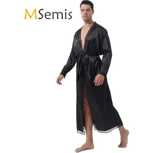 Mens Two-piece Lace Trim Long Sleeve Robe Sets Sissy Nightwear Kimono Night-robe with Lace-Up Thongs Satin Belted Bathrobe