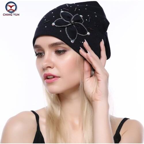 CHING YUN Cashmere knit hat soft 2020 New Fashion Winter Warm Flower High Quality Wool Female Hat Solid Color Knitted Hat B19-14
