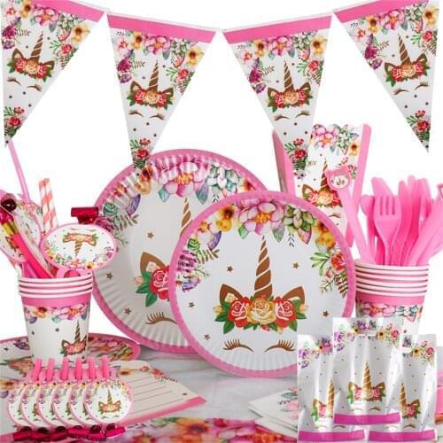 Unicorn Party Disposable Cutlery Kids Party Supplies Unicorn Flower Decoration For Birthday Girl Kids Party Gifts Bags Cap Set