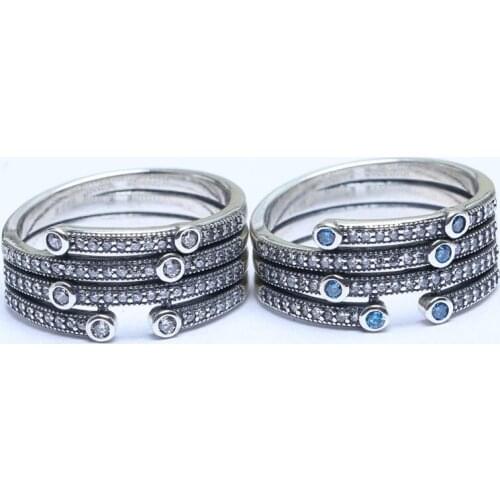 Authentic 925 Sterling Silver Women Ring Lady Jewelry Girl Birthday Gift Shimmering Ocean Frosty Ring Blue & Clear CZ