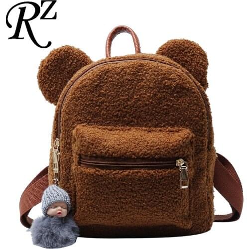 Bear Ears Plush Women Backpack 3D Cartoon Animal Backpacks Cute Furry Women Bag Faux Fur Shoulders Bag NEW Winter Bags For Women