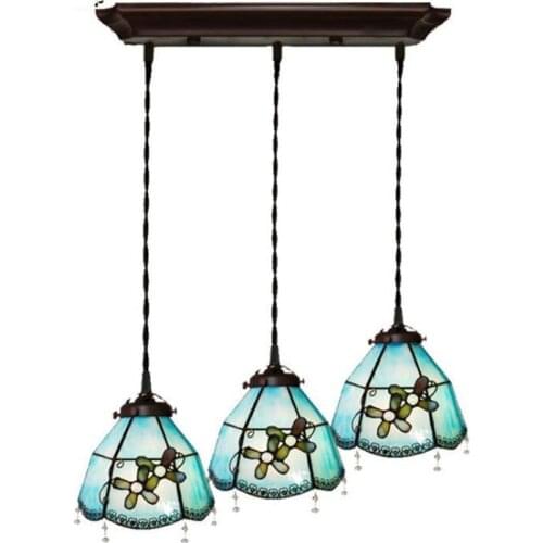 3 Heads Mediterranean Sea Blue Glass Flowers Dining Room Bar Suspension for Foyer Apartment Glass Pendant Light 1104