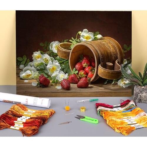 Fruit Strawberry Pre-Printed 11CT Cross-Stitch Embroidery Complete Kit DMC Threads Craft Hobby Sewing Handmade Package