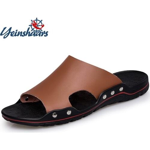 YEINSHAARS Men Shoes Solid Genuine Leather Slippers Summer Sandals Indoor & Outdoor Slippers Men Non-Slip Flip Flops Beach Shoes