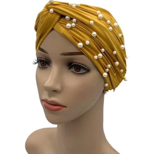 High quality suede women turban caps soild color pearls hijab cap muslim headscarf turban bonnet female head wraps scarves