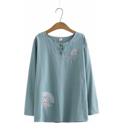 Plus size O neck embroidery cotton lavender Turquoise coral women loose blouse 2021 new spring pullovers casual ladies shirts