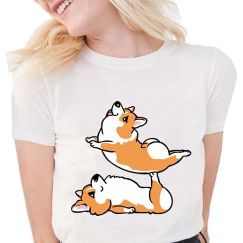 Corgi Dog Print T Shirt Women Tops 2020 Kawaii Dogs Printed Funny T Shirts Hauts Femme Vetement 90s Ulzzang Harajuku White Top