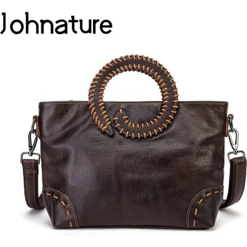 Johnature Retro Genuine Leather Women Bag Versatile Handbag 2021 New First Layer Cowhide Handmade Shoulder & Crossbody Bags