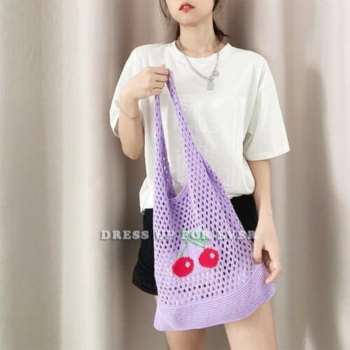 Womens Bag Versatile Hollow Out Knitting Wool Handbag Summer Cherry Small Fresh Large Capacity Student Korean Shoulder Bags