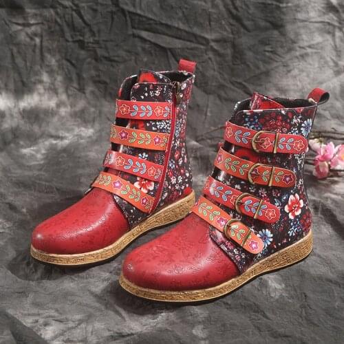 Women Boot Retro Printed Metal Buckle PU Leather Zipper Ankle Boots Fashion Ladies Shoes Female Botines Mujer 2021