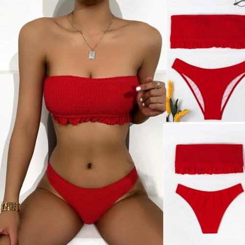 2021 Women Two Piece Swimsuit Padded Bikini Set Shirred Swimwear Sexy Swimwear High Waist Push up Biquini Brazillian