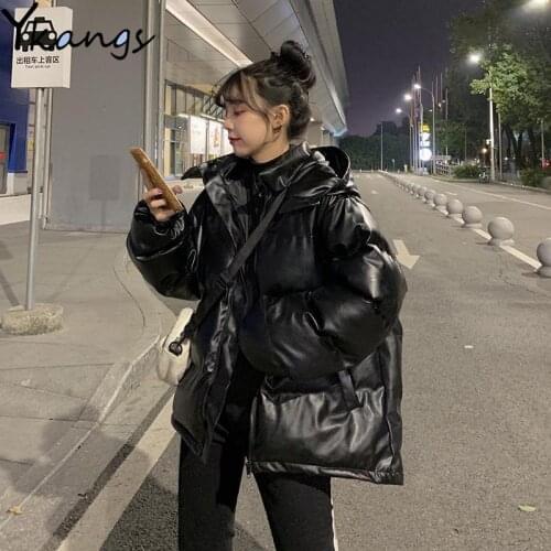 Winter 2020 New PU Leather Hooded Jacket Women Korean Loose Black Warm Thick Cotton-Padded Coat Chaqueta Mujer Female Clothing