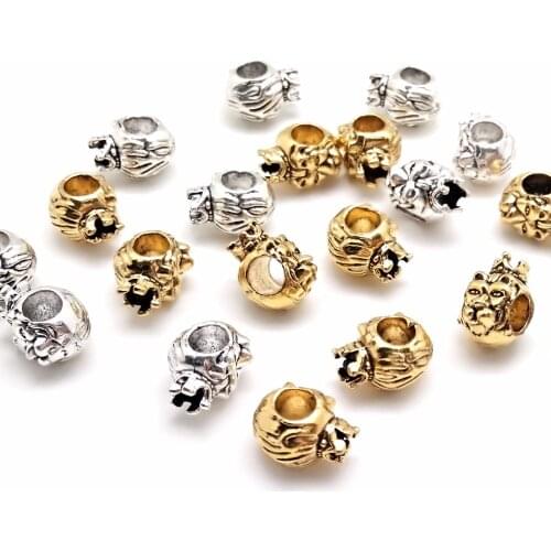 10pcs Hole 5MM Antique Gold Alloy Metal Beads Crown lion head Animal Big Hole Beads For Bracelet Making DIY 8x13mm