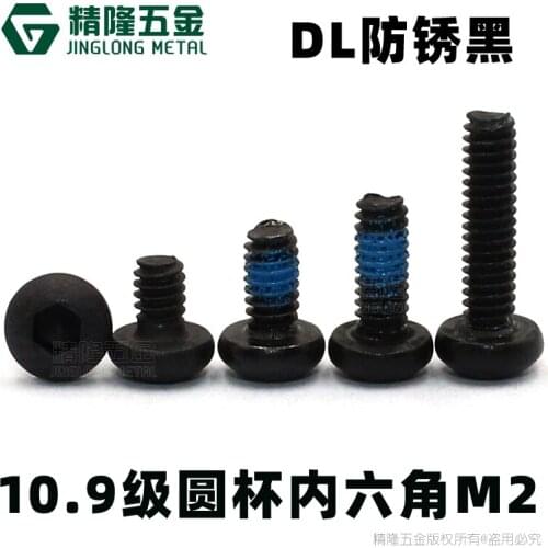 10pcs/lot Hex socket round head cap black screw with nylok computer screwM2*4,5,6,7,8,9,10,12,14,16