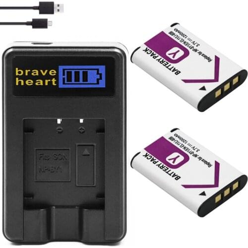2Pcs NP-BY1 NP BY1 Batteries + LCD Charger For Sony HDR-AZ1 AZ1VR AZ1VB AZ1VW Camera