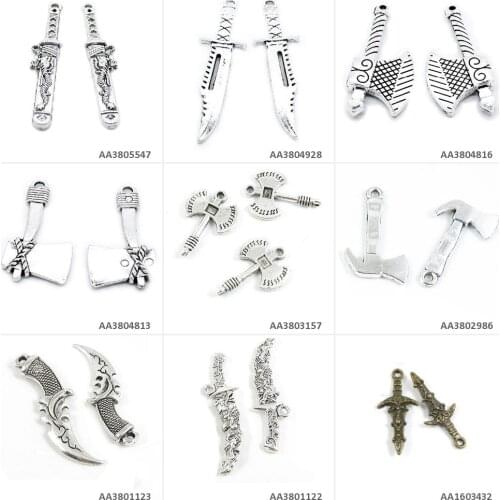 Antique Bronze Silver Plated Jewelry Making Charms Dagger Knife Dragon Axe Hatchet Ax Sword