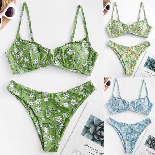 Bikini 2021 Women Flower Print High Cut V Neck Two Pieces Bikini Swimwear Swimsuit Beachwear Push Up Maillot De Bain Femme