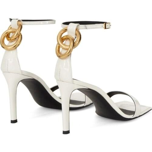 Newest Lady Double Metal Circle Decor Sandals Woman Ankle Strap Cutouts Sequare Open Toe Thin High Heel Shoes Summer Party Heel