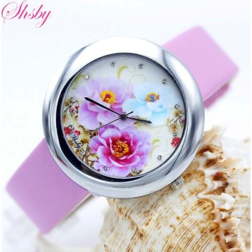 Shsby Brand flowers Leather Strap Watches Women Dress Watch Fashion girl Casual Quartz Watch Ladies Rhinestone Quartz Watch gift