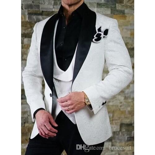 Black Shawl Lapel White Paisley Men Suits Slim Fit wedding suits for men Groom tuxedos Best Men Blazer(Suit+Pant)