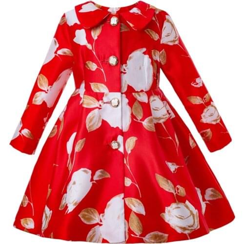 2021 New Autume Children Kids Jacket for Girl Red White and Golden Flower Printed Buttoned Peter Pan Collar Size 3 5 7 Years Old