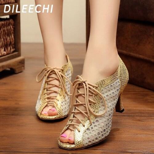 DILEECHI new golden net Latin dance shoes female adult companionship party dance shoes Ballroom dancing shoes 7.5cm heel