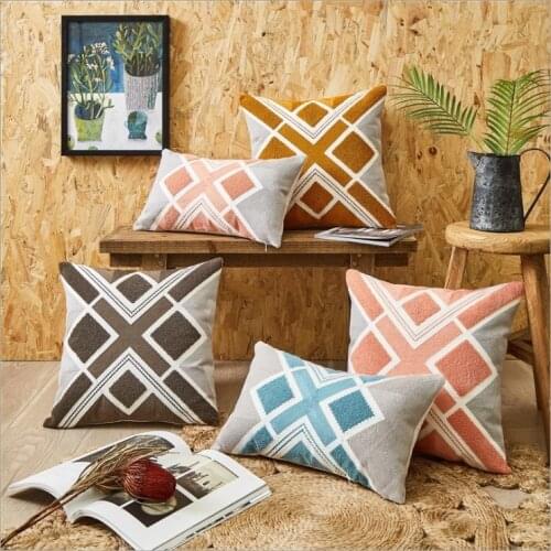 Cotton Canvas Embroidered Cushion CoverGrey Blue Pink Geometric Square Embroidery Pillow Cover 45x45cm/30x50cm Pillow Sham