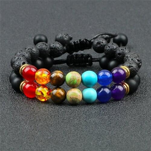 Set Men Women 8mm Natural Beaded Bracelet Lava Stone 7 Chakra Adjustable Woven Rope Chain Yoga Couple Bracelets Bangles Jewelry