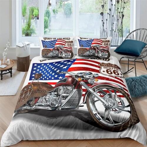 Fashion 3d Bedding Set U.S. Route 66 Quilt Cover Motorcycle Duvet Cover Set For Kids Teens Luxury Home Textile 2/3Pcs