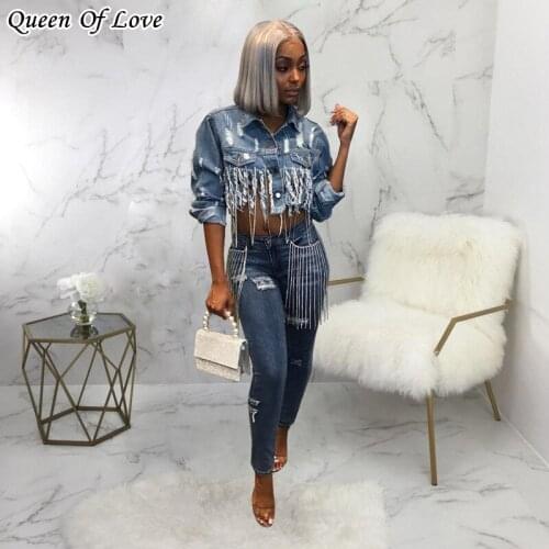 Women Fashion Streetwear Jackets Blue Ripped Holes Denim Jacket Vintage Short Tassel Coats Jeans Harajuku Frayed Jackets