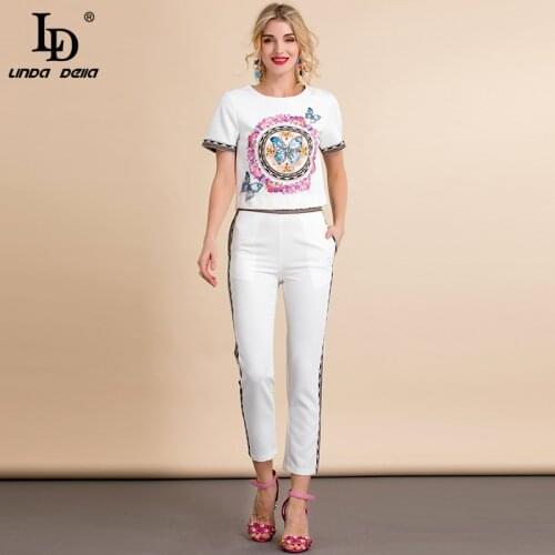 LD LINDA DELLA Fashion Runway Summer White Pants Suit Women Short Sleeve Beading Print T-Shirt and Pants Casual Two Piece Set