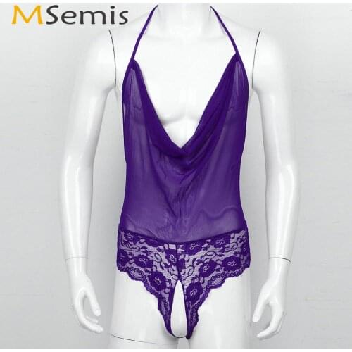Mens Sissy Hot Lingerie See-Through Mesh Crotchless Body Leotard Erotic Halter Babydoll Bodysuit Porno Open Crotch Gay Nightwear