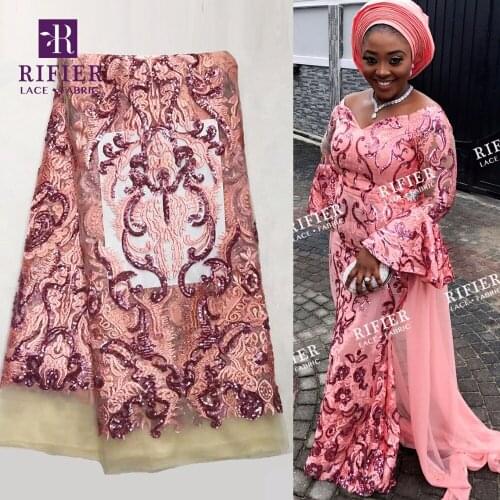 New Nigerian Sequined Net Lace Fabric African Pink Sequins Mesh Fabrics For Women Or Men Wedding Laces India Quality Dress Lace