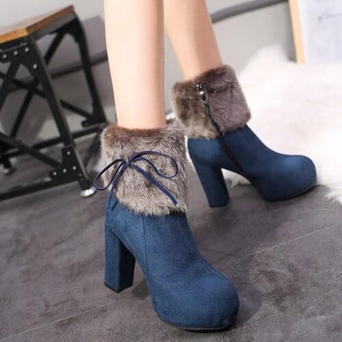NEW women mid calf boots sexy winter slip on round toe fashion shoes Handmade warm 10cm heels super high heel riding fur boots