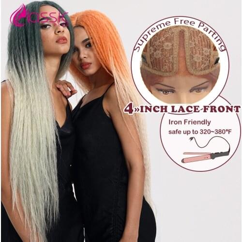 Classic Plus Synthetic 38 Inch Lace Front Kinky Straight Hair Wig Long Ombre Orange Green Cosplay Wig Wigs For Black Women
