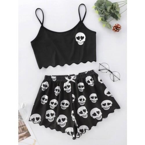 Ladys Sleeveless Crop Vest Elastic Waist Short Pants Pajama Set Cartoon Skull Print Camisole With Shorts Sleepwear Home Wear