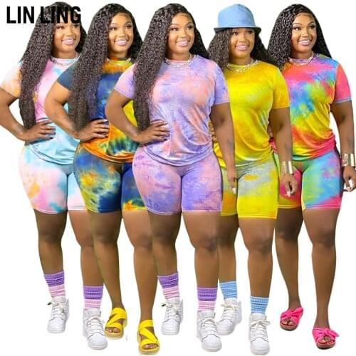 LINLING Summer Popular Casual Solid Tie Dye Printing Pullover Short Sleeve Shorts Daily Travel Suit