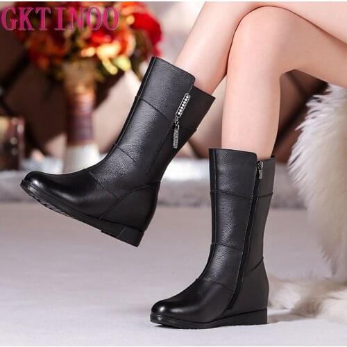 GKTINOO Womens Mother Ladies Female Genuine Leather Mid Calf Shoes Boots Winter Fur Plush Bling Zipper Warm Plus Size 35-42
