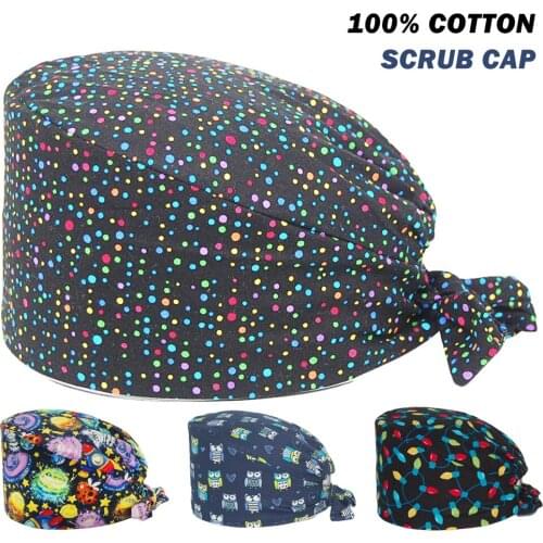 Pure Cotton Scrub Hats Anime Printing Tie Back Adjustable Nursing Cap Accessories Beauty Salon Pet Shop Home Workers Scrubs Caps