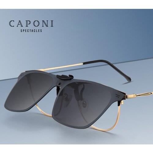 CAPONI Driving Black Clip On Glasses Frame For Men Ultralight Accessories Eyewear Anti UV Polarized Men Sunglasses Clip CP3190