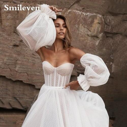 LORIE Puff Sleeve Fairy Wedding Dresses 2020 Off The Shoulder Dot Tulle Bride Dresses Flowers Wedding Gown Custom Made