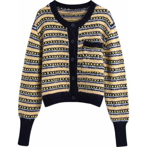 2021 New Spring Women Single Pocket Jacquard Knitting Short Sweater Female Long Sleeve Pullover Casual Lady Loose Tops SW1185