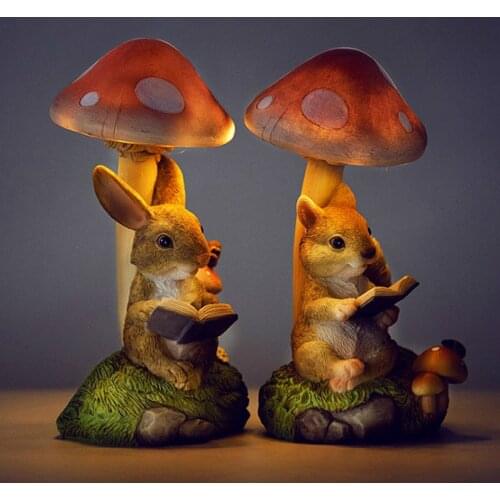 Outdoor rabbit hedgehog mushroom night light sculpture small animal balcony fairy tale garden decoration statuette home crafts