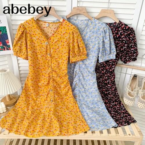 Vintage V-neck puff sleeve Dress high waist pleated single breasted floral print short A-line Dress 2021 New Summer