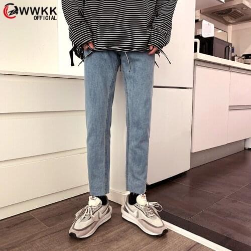 WWKK 2020 Mens Fit Jeans Autumn & Winter Cotton Clothes Slight Stretch Fading Straight Denim Ankle length Pants