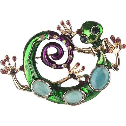 Green Opals Enamel Enmaltes Lizard Gecko Brooches For Women