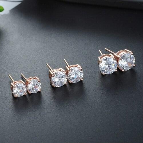 Womens Rose Gold Stud Earrings Princess Cut/Round Cut AAA Cubic Zirconia Earrings Iced Out Earrings Crystal Hip Hop Jewelry